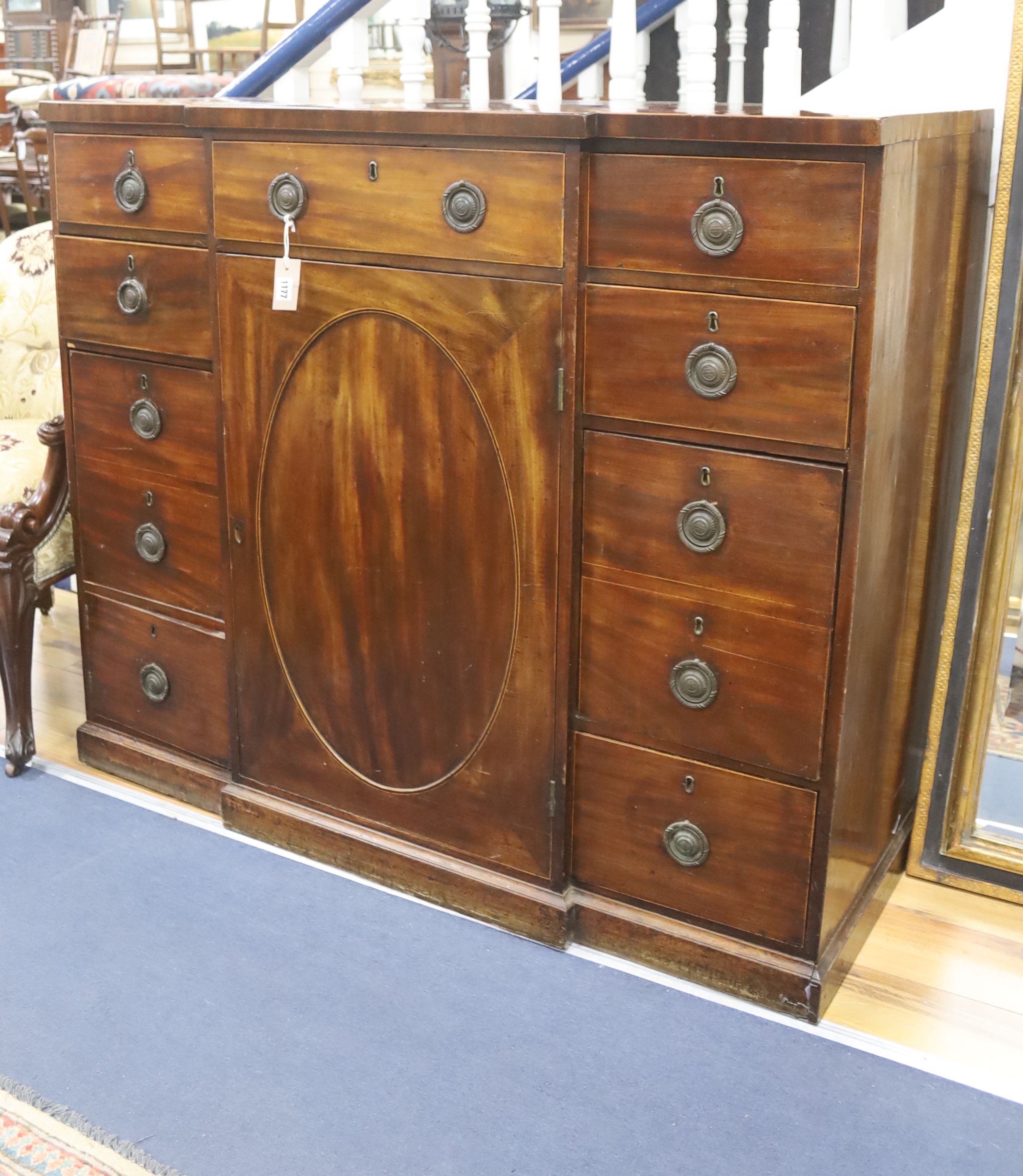 A George III line-inlaid mahogany breakfront side cabinet, H 114cm W 131cm D 62cm (max)